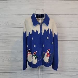 Croft & Barrow Snowman Knitted Full Zip Cardigan Sweater Vintage Womens Size Lg